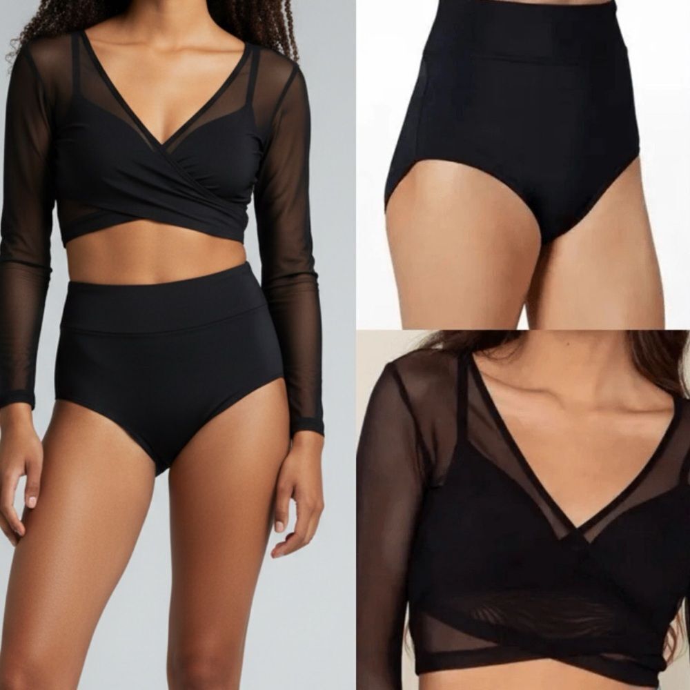 Kelle dance solo costume black 2763 2 piece black mesh crossover top trunks MA